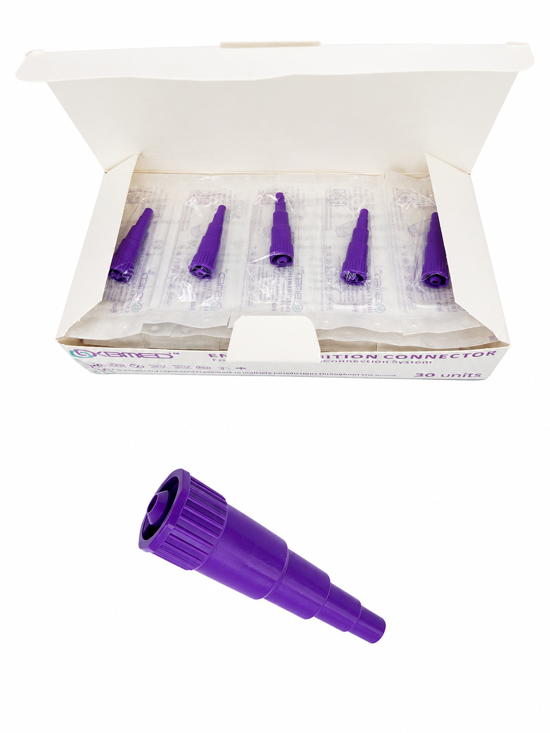 Sterile ENFit transition connectors designed to adapt compatible ENFit syringes for irrigation and legacy enteral connections. Individually packaged and available in 10, 20, and 30 packs.
